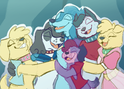 Size: 1500x1081 | Tagged: safe, artist:apatheticxaddict, idw, imported from derpibooru, anthro, diamond dog, spoiler:comic, spoiler:comicannual2021, ambrosia muffinbuns, cute, female, female diamond dog, females only, fiona floppyears, group hug, hug, indiana embereyes, jennino lanternlight, katherina proudpaws, moonbeam twinkletail, scene interpretation, season 10