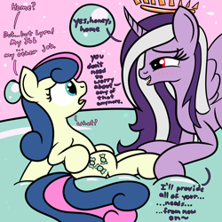 Size: 2000x2000 | Tagged: safe, artist:dafiltafish, imported from derpibooru, bon bon, sweetie drops, oc, oc:hedone, alicorn, comic:day by day, alicorn oc, crown, dialogue, female, high res, horn, jewelry, mare, regalia, wings