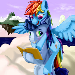 Size: 1280x1280 | Tagged: safe, artist:edgillock, imported from derpibooru, rainbow dash, soarin', pegasus, pony, blushing, book, cloud, cute, dashabetes, female, floating island, frog (hoof), grin, male, open mouth, open smile, ponies riding ponies, rainbow dash riding soarin, reading, riding, shipping, smiling, soarinbetes, soarindash, straight, underhoof