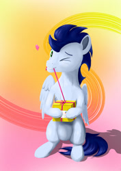 Size: 1280x1811 | Tagged: safe, artist:edgillock, imported from derpibooru, soarin', pegasus, pony, floating heart, heart, mouth hold, one eye closed, present, ribbon
