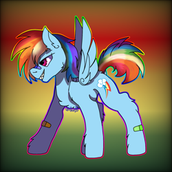 Size: 1439x1439 | Tagged: safe, artist:bluemoon, imported from derpibooru, rainbow dash, pegasus, pony, backwards cutie mark, bandaid, bandaid on nose, cheek fluff, chest fluff, ear fluff, female, grin, leg fluff, mare, sharp teeth, smiling, solo, teeth, wings