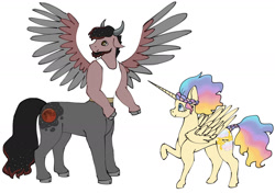 Size: 1536x1079 | Tagged: safe, artist:ukulelepineapplecat, imported from derpibooru, oc, oc only, alicorn, centaur, pony, taur, alicorn oc, duo, female, horn, interspecies offspring, male, mare, offspring, parent:princess celestia, parent:princess luna, parent:tirek, raised hoof, simple background, spread wings, story included, white background, wings