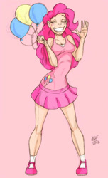 Size: 525x863 | Tagged: safe, artist:dustbunnypictures, imported from derpibooru, pinkie pie, human, equestria girls, balloon, clothes, cutie mark, cutie mark on clothes, eyes closed, female, grin, humanized, pink background, shoes, signature, simple background, skirt, smiling, solo, waving