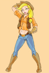 Size: 548x818 | Tagged: safe, artist:dustbunnypictures, imported from derpibooru, applejack, human, arm behind head, boots, clothes, female, gloves, hat, high heel boots, humanized, orange background, shoes, simple background, solo