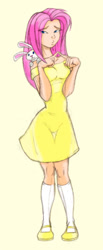 Size: 336x815 | Tagged: safe, artist:dustbunnypictures, imported from derpibooru, angel bunny, fluttershy, human, rabbit, animal, clothes, dress, female, humanized, simple background, solo, yellow background
