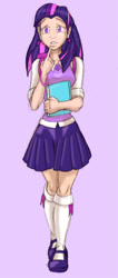 Size: 348x819 | Tagged: safe, artist:dustbunnypictures, imported from derpibooru, twilight sparkle, human, book, clothes, female, humanized, purple background, simple background, skirt, solo