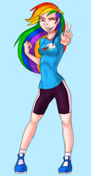 Size: 424x815 | Tagged: safe, artist:dustbunnypictures, imported from derpibooru, human, blue background, clothes, cutie mark, cutie mark on clothes, female, humanized, one eye closed, peace sign, shoes, shorts, simple background, solo, wink