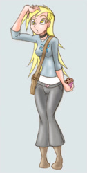 Size: 400x794 | Tagged: safe, artist:dustbunnypictures, imported from derpibooru, derpy hooves, human, bag, boots, clothes, confused, female, gray background, humanized, pants, shoes, simple background, solo