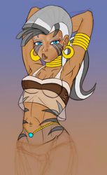 Size: 662x1082 | Tagged: safe, artist:dustbunnypictures, imported from derpibooru, zecora, human, abstract background, arm behind head, armpits, clothes, dark skin, ear piercing, earring, female, humanized, jewelry, midriff, moderate dark skin, neck rings, pants, piercing, solo, tattoo