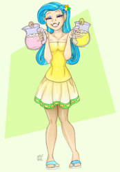 Size: 835x1200 | Tagged: safe, artist:dustbunnypictures, imported from derpibooru, lemon hearts, human, abstract background, bedroom eyes, clothes, female, grin, humanized, juice, lemonade, sandals, skirt, smiling, solo