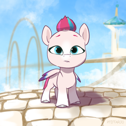 Size: 2048x2048 | Tagged: safe, artist:pfeffaroo, imported from derpibooru, zipp storm, pegasus, pony, adorazipp, cloud, cute, female, filly, filly zipp storm, g5, high res, looking at you, sky, solo, younger