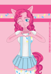 Size: 1450x2084 | Tagged: safe, artist:freudian-beat, imported from derpibooru, pinkie pie, anthro, earth pony, abstract background, clothes, cutie mark, cutie mark on clothes, female, heart hands, one eye closed, skirt, solo, wink