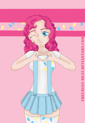 Size: 1450x2084 | Tagged: safe, alternate version, artist:freudian-beat, imported from derpibooru, pinkie pie, human, abstract background, clothes, cutie mark, cutie mark on clothes, female, heart hands, humanized, one eye closed, skirt, solo, wink