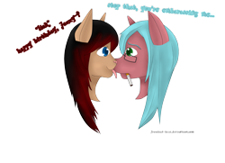Size: 2320x1676 | Tagged: safe, artist:freudian-beat, imported from derpibooru, oc, oc only, earth pony, pony, bust, cigarette, dialogue, duo, earth pony oc, simple background, transparent background