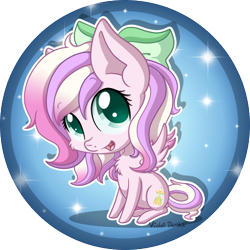 Size: 400x400 | Tagged: safe, artist:happy-go-creative, imported from derpibooru, oc, oc:iridescent flings, earth pony, badge, chibi, commission, cute, pink, your character here