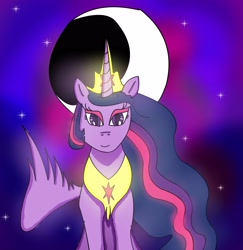 Size: 3376x3472 | Tagged: safe, artist:goldlines005, imported from derpibooru, twilight sparkle, alicorn, pony, the last problem, abstract background, crescent moon, eyelashes, female, high res, horn, jewelry, mare, moon, older, older twilight, peytral, princess twilight 2.0, smiling, solo, stars, tiara, twilight sparkle (alicorn), wings