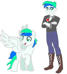 Size: 924x1020 | Tagged: safe, artist:craftycitty, artist:goldlines005, imported from derpibooru, pony, equestria girls, base used, boots, clothes, crossed arms, duo, equestria girls-ified, high heel boots, looking back, male, pants, shoes, simple background, smiling, stallion, transparent background