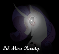 Size: 1784x1640 | Tagged: safe, artist:aonairfaol, imported from derpibooru, rarity, pony, unicorn, lil-miss rarity, black background, black sclera, bust, eye scar, female, glowing horn, horn, mare, scar, simple background, smiling, solo