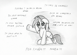 Size: 600x431 | Tagged: safe, artist:srmario, imported from derpibooru, oc, oc only, oc:doctiry, alicorn, pony, alicorn oc, broken horn, crying, female, grayscale, horn, mare, monochrome, raised hoof, sad, solo, spanish, talking, traditional art, underhoof, wings