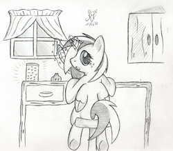 Size: 600x525 | Tagged: safe, artist:srmario, imported from derpibooru, oc, oc only, oc:doctiry, alicorn, firefly (insect), insect, pony, alicorn oc, broken horn, female, glowing horn, grayscale, horn, indoors, looking back, magic, mare, monochrome, quill, solo, telekinesis, traditional art, wings