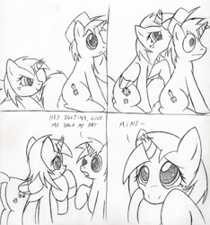 Size: 500x535 | Tagged: safe, artist:srmario, imported from derpibooru, oc, oc only, oc:doctiry, alicorn, pony, unicorn, alicorn oc, broken horn, comic, dialogue, eyelashes, freckles, grayscale, horn, male, monochrome, stallion, traditional art, unicorn oc, wings