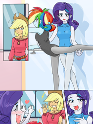 Size: 1668x2224 | Tagged: safe, artist:batipin, imported from derpibooru, applejack, rainbow dash, rarity, human, equestria girls, ballet, blushing, breasts, busty rarity, clothes, comic, emanata, eyes closed, female, floating heart, grin, heart, leotard, open mouth, rainbowrina, raririna, smiling, sweat, sweatdrop, tomboy taming, working