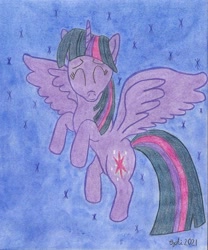 Size: 1220x1467 | Tagged: safe, artist:pianoflagerag, imported from derpibooru, twilight sparkle, alicorn, pony, eyes closed, flying, happy, solo, traditional art, twilight sparkle (alicorn)