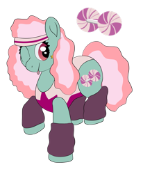 Size: 1265x1536 | Tagged: safe, artist:colorcodetheartist, derpibooru exclusive, imported from derpibooru, minty, clothes, cutie mark, generation leap, headband, leg warmers, one eye closed, perm, redesign, simple background, standing, standing on one leg, tongue out, transparent background, wink