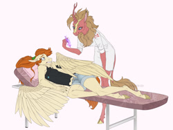 Size: 1920x1440 | Tagged: safe, artist:dementra369, imported from derpibooru, oc, oc only, oc:needlecure, oc:ray muller, anthro, kirin, pegasus, unguligrade anthro, acupuncture, acupuncture table, clothes, fear, female, jewelry, kirin oc, necklace, nurse outfit, ponytail, scared, shorts, smiling, spread wings, tanktop, wings