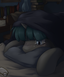 Size: 3477x4161 | Tagged: safe, artist:aquoquoo, imported from derpibooru, stygian, pony, unicorn, bed, book, chair, crying, lantern, male, pillow, quill, solo, stallion