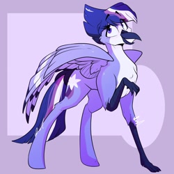 Size: 1024x1024 | Tagged: safe, artist:crookedbeetles, imported from derpibooru, oc, oc only, oc:shooting star, hippogriff, hybrid, chest fluff, crossover, crossover ship offspring, crossover shipping, female, interspecies offspring, offspring, parent:mordecai, parent:twilight sparkle, parents:mordetwi, shipping, smiling, solo, spread wings, wings