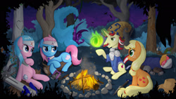 Size: 1920x1080 | Tagged: safe, artist:obcor, imported from derpibooru, aloe, applejack, babs seed, flam, lotus blossom, earth pony, pony, unicorn, aloeflam, campfire, female, magic, male, shipping, sleeping bag, spa twins, straight