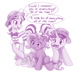 Size: 1280x1216 | Tagged: safe, artist:dstears, imported from derpibooru, flam, flim, luster dawn, pony, unicorn, the last problem, cute, dialogue, digital art, female, flim flam brothers, iphone, levitation, lusterbetes, magic, male, mare, monochrome, open mouth, open smile, smiling, song reference, stallion, starry eyes, telekinesis, welcome to the internet, wingding eyes