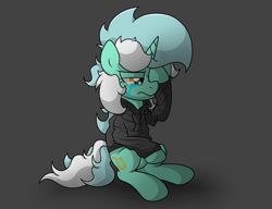 Size: 4236x3260 | Tagged: safe, artist:background basset, imported from derpibooru, lyra heartstrings, pony, unicorn, fanfic:background pony, clothes, crying, depressed, dig the swell hoodie, gray background, hoodie, hoof over eye, sad, simple background, sitting, solo