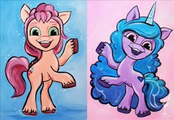 Size: 867x600 | Tagged: safe, artist:painting with a twist, imported from derpibooru, izzy moonbow, sunny starscout, earth pony, pony, unicorn, bipedal, blue background, duo, duo female, female, g5, mare, official, painting, pink background, simple background, standing on two hooves, traditional art, watermark