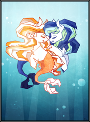 Size: 592x804 | Tagged: safe, artist:captivelegacy, imported from derpibooru, oc, oc only, hybrid, merpony, seapony (g4), bubble, crepuscular, crepuscular rays, eyelashes, fish tail, flowing mane, flowing tail, looking at each other, mermaid tail, ocean, smiling, sunlight, tail, underwater, water