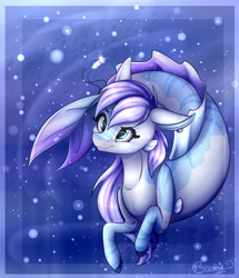 Size: 2270x2642 | Tagged: safe, artist:creativecocoacookie, imported from derpibooru, oc, oc only, hybrid, merpony, seapony (g4), blue background, blue eyes, bubble, dorsal fin, eyelashes, fins, fish tail, flowing tail, gem, high res, jewelry, necklace, ocean, purple mane, signature, simple background, solo, speedpaint, swimming, tail, underwater, water