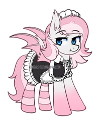 Size: 731x927 | Tagged: safe, artist:handgunboi, imported from derpibooru, oc, bat pony, pony, clothes, fangs, maid, maid headdress, socks, striped socks