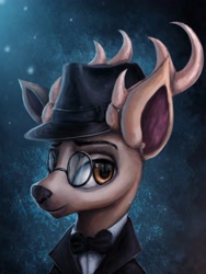 Size: 3072x4096 | Tagged: safe, artist:ryanmandraws, artist:ryanmangaming, imported from derpibooru, oc, oc only, deer, bowtie, bust, clothes, deer oc, digital painting, fedora, glasses, hat, looking at you, painting, portrait, smiling, solo, suit