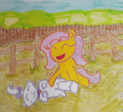 Size: 1280x1173 | Tagged: safe, artist:dex stewart, imported from derpibooru, fluttershy, opalescence, cat, pegasus, pony, bellyrubs, pet, traditional art