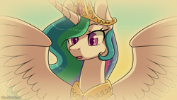 Size: 1920x1080 | Tagged: safe, artist:vladivoices, imported from derpibooru, part of a set, princess celestia, alicorn, pony, fanfic:history repeats, jewelry, regalia, simple background, solo, spread wings, wings