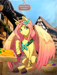 Size: 2400x3200 | Tagged: safe, artist:kovalev, imported from derpibooru, oc, oc:princess fluttershy, alicorn, pony, alicorn oc, alicornified, alternate character design, alternate cutie mark, alternate design, alternate hairstyle, alternate universe, au:friendship is kindness, carrot, commission, element of kindness, food, herbivore, high res, horn, implied carrot top, jewelry, market, ponyville market, race swap, story included, tiara, two toned wings, vegetables, wings, ych result