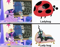 Size: 872x688 | Tagged: safe, artist:andypriceart, artist:masem, edit, edited screencap, editor:fluttershyisnot adoormat, imported from derpibooru, screencap, queen chrysalis, twilight sparkle, alicorn, changeling, changeling queen, insect, ladybug, pony, season 9, sparkle's seven, spoiler:s09, big crown thingy, chalkboard, clothes, coronation dress, crown, dress, element of magic, female, flower, horsn't, implied twisalis, jewelry, meme, pun, regalia, rose, twilight sparkle (alicorn), winnie the pooh