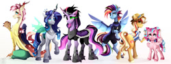 Size: 800x300 | Tagged: safe, artist:buvanybu, imported from derpibooru, applejack, cozy glow, discord, flam, flim, fluttershy, king sombra, pinkie pie, queen chrysalis, rainbow dash, rarity, tempest shadow, twilight sparkle, alicorn, changeling, draconequus, pony, alternate design, flim flam brothers, fusion, looking at you, princess chrysalis, simple background, white background