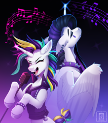 Size: 8268x9449 | Tagged: safe, artist:buvanybu, imported from derpibooru, princess celestia, rarity, alicorn, pony, unicorn, between dark and dawn, it isn't the mane thing about you, alternate hairstyle, bracelet, choker, clothes, collar, ear piercing, eyebrow slit, eyebrows, female, g4, jacket, jewelry, leather jacket, mare, microphone, piercing, punk, punklestia, raripunk, rock, rock (music), simple background, singing, spiked choker, spiked collar, studs, vest, wings