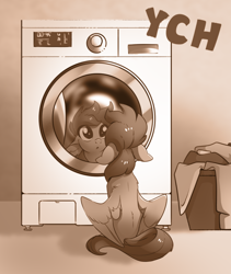 Size: 860x1021 | Tagged: safe, artist:28gooddays, imported from derpibooru, pegasus, pony, commission, floppy ears, monochrome, reflection, solo, washing machine, ych example, ych sketch, your character here