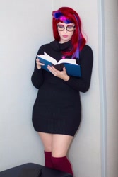 Size: 640x960 | Tagged: safe, artist:maddymoiselle, imported from derpibooru, moondancer, human, book, clothes, cosplay, costume, irl, irl human, photo, socks