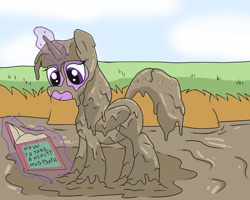 Size: 1600x1280 | Tagged: safe, artist:amateur-draw, imported from derpibooru, twilight sparkle, alicorn, pony, book, covered in mud, female, mare, mud, mud bath, mud mask, mud play, muddy, solo, twilight sparkle (alicorn), wet and messy