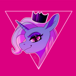 Size: 1200x1200 | Tagged: safe, artist:fizzlesoda2000, imported from derpibooru, trixie, pony, unicorn, better source needed, bust, crown, jewelry, pink background, profile, queen of misfits, regalia, simple background, solo, song cover, triangle, vylet pony