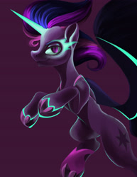 Size: 3366x4370 | Tagged: safe, artist:flower-lescence, imported from derpibooru, twilight sparkle, alicorn, pony, equestria girls, friendship games, equestria girls ponified, female, glowing horn, horn, mare, midnight sparkle, ponified, purple background, simple background, smiling, smirk, solo